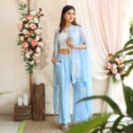 Organza Cape with thread and hand embroider with lace bustier paired with oraganza bell bottoms