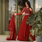 Layered Lehenga, blouse set in burnt red with Belt & ruffled organza dupatta
