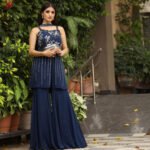 Short Strappy kurta with Bais cut gharara with Neck Patti Dupatta