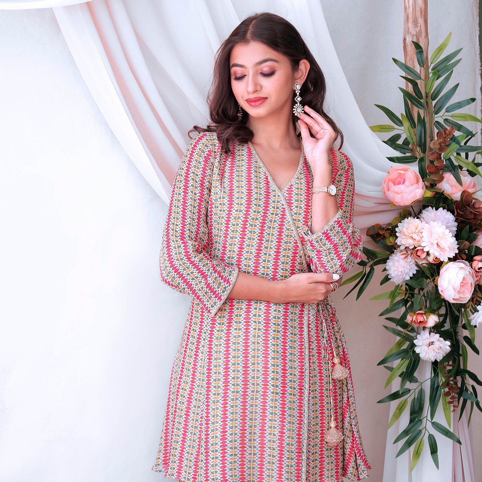 Printed angrakha kurta with bais cut gharara with delicate hand embroidery - Image 4