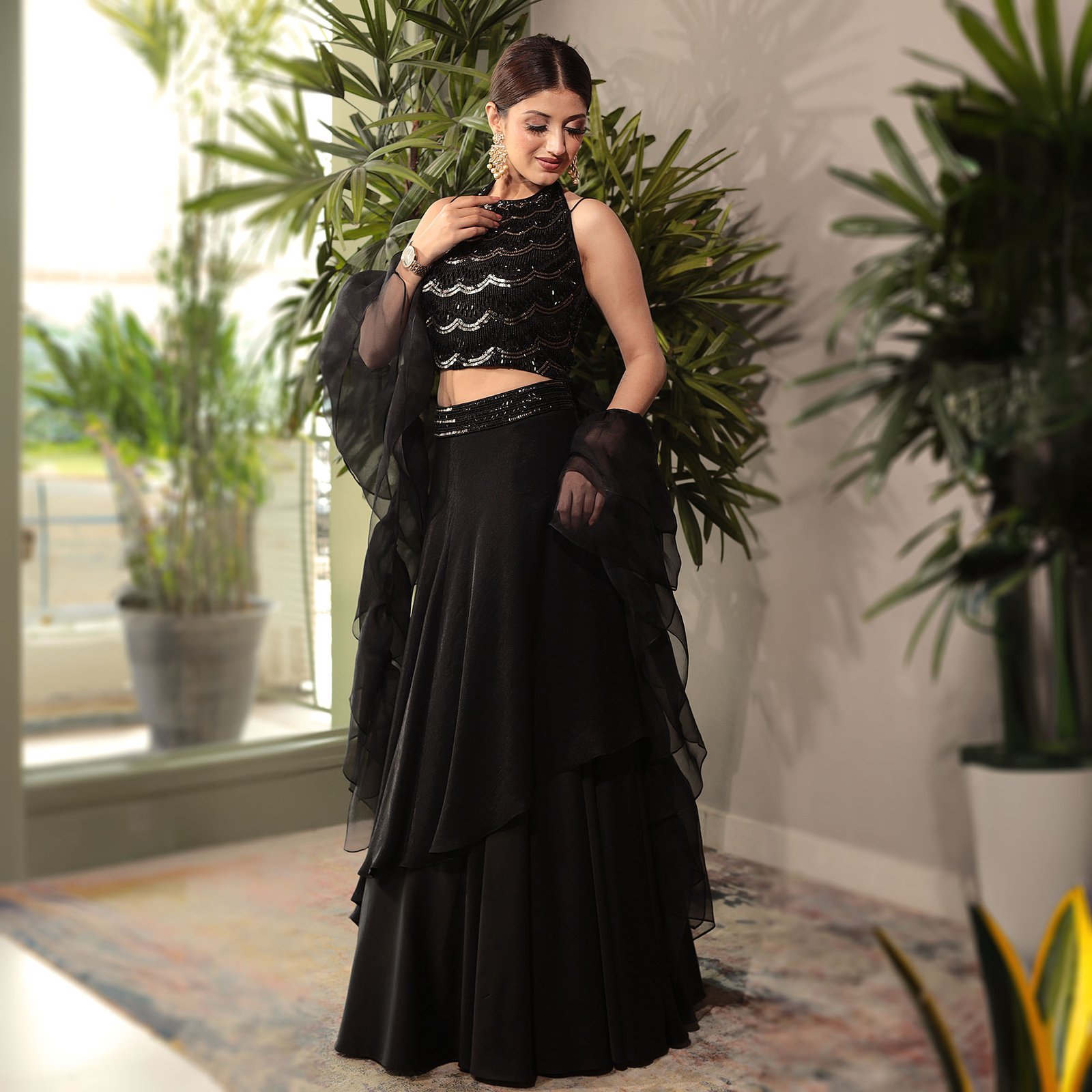 Halter neck blouse with tonal sequin & crystal embroidery with a satin layered skirt and a ruffled organza dupatta - Image 4