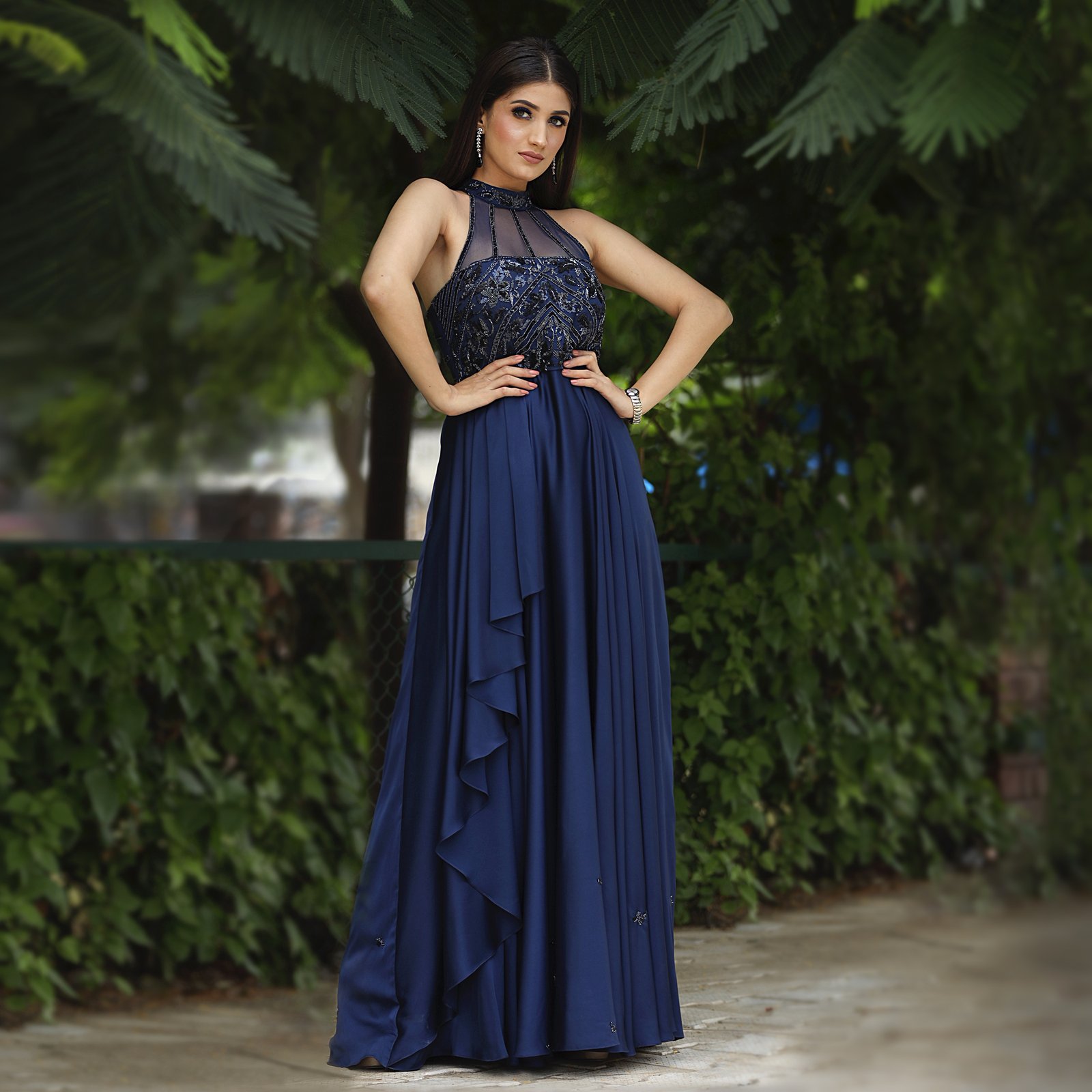 Halter Neck Dress in premium heavy Satin with layered flare - Image 4