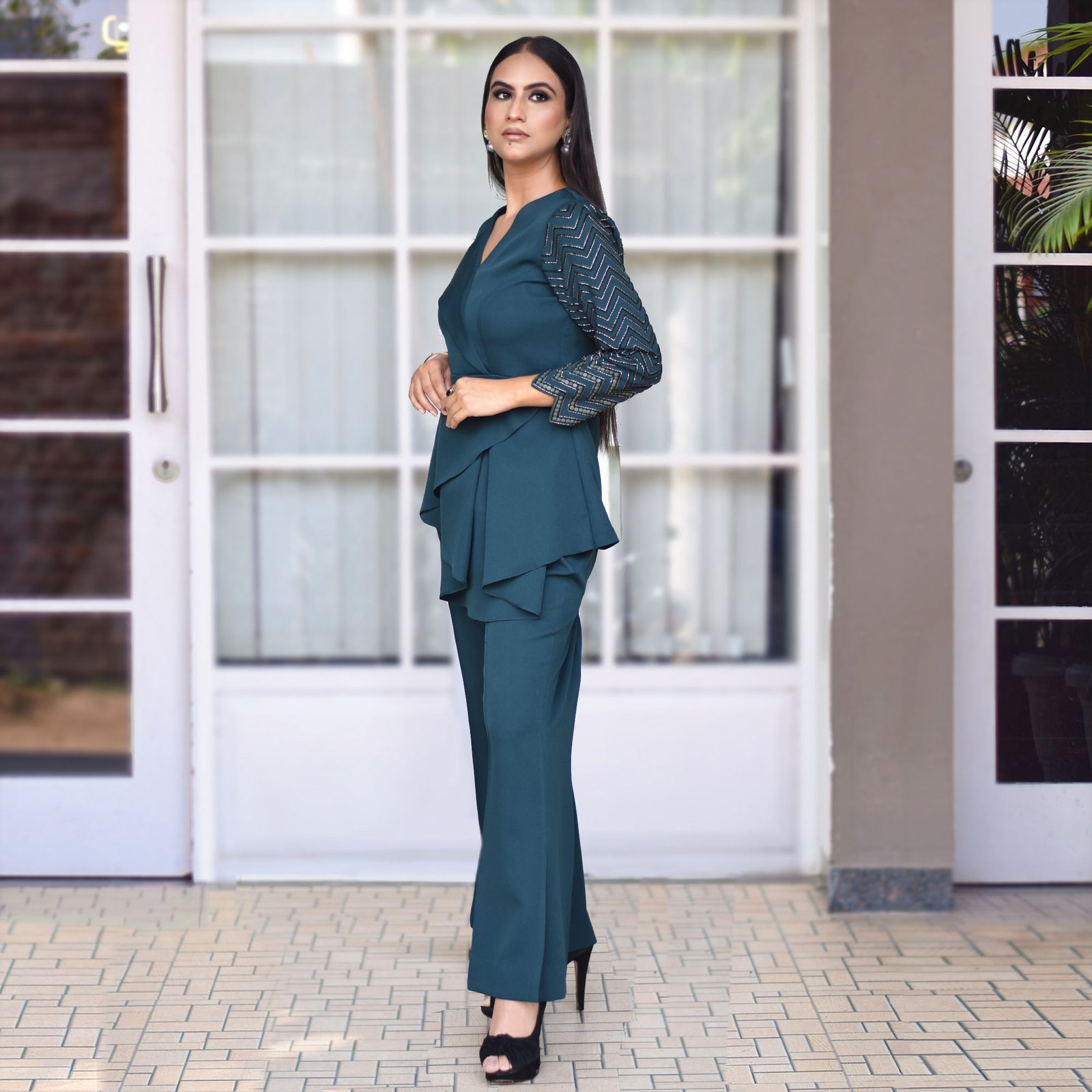 Teal Co-ord set, hand embroidered full sleeve with a two layer drape cut. - Image 4