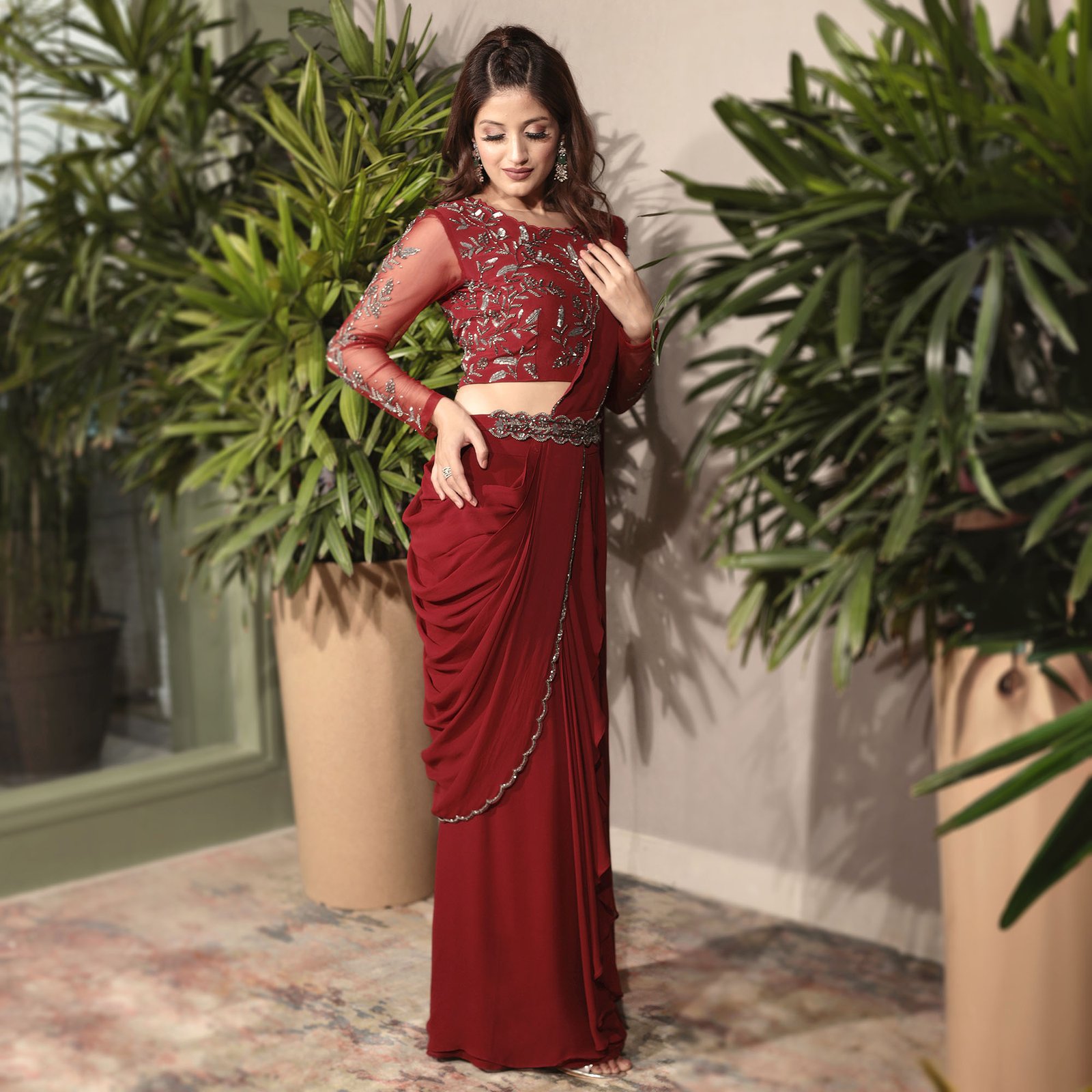 Blouse with F & Back hand embroidery, with a draped skirt, a draped georgette sash dupatta with border emb. - Image 4