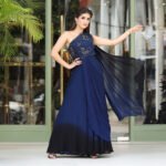 Off shoulder hand embroidred Saree drape Dress in Navy and black Ombray effect