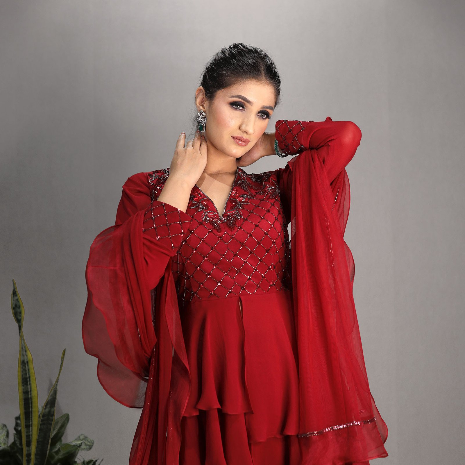 Red Layered peplum top with hand Embroidered yoke & our signature gharara bottom with a tulle & organza ruffled Dupatta - Image 4