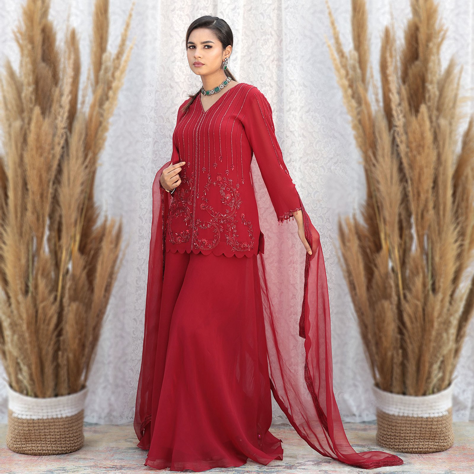 Short georgette kurta with tonal hand embrpidery & a flared bais pallazo with 4 side hand embroiderd organza dupatta - Image 4