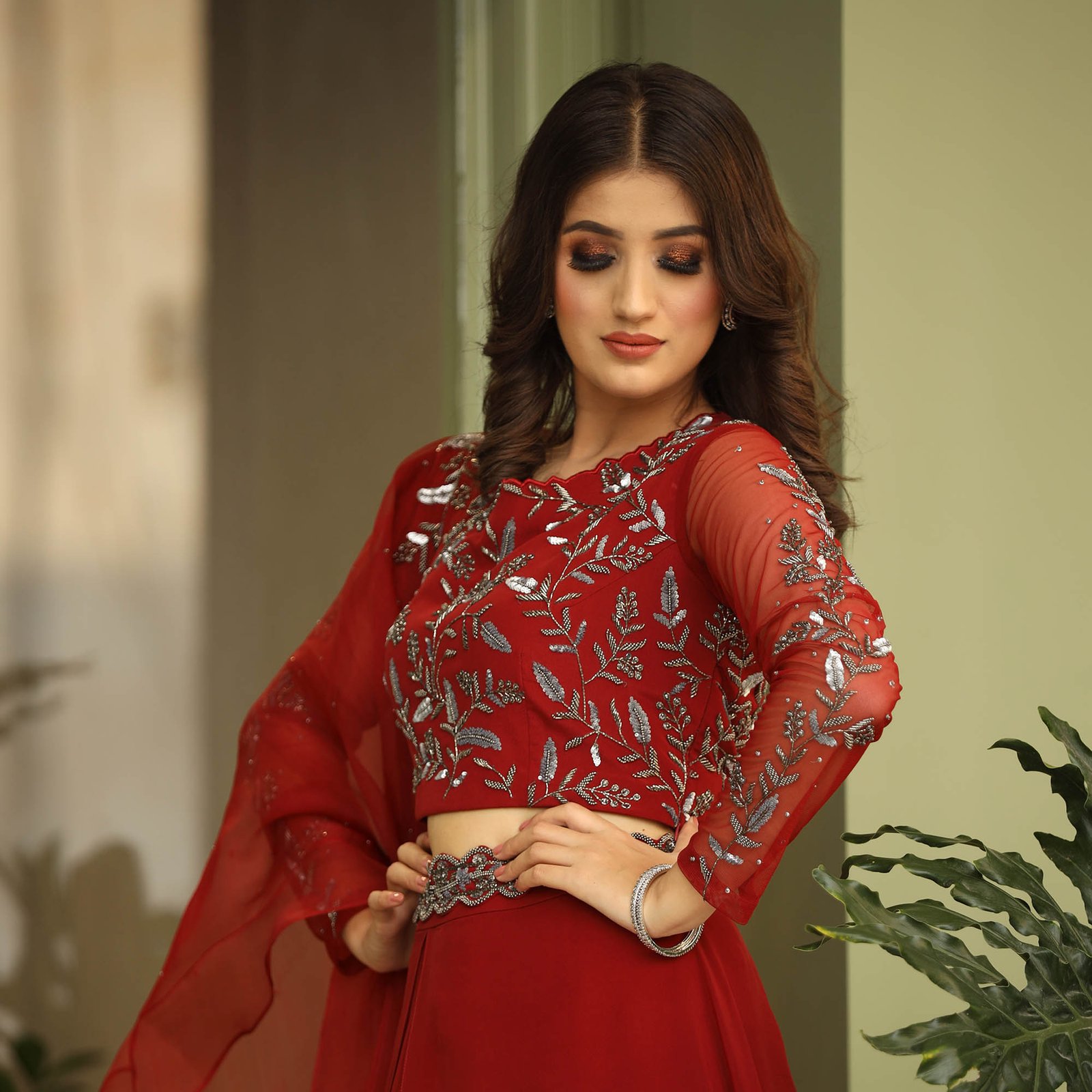 Layered Lehenga, blouse set in burnt red with Belt & ruffled organza dupatta - Image 4
