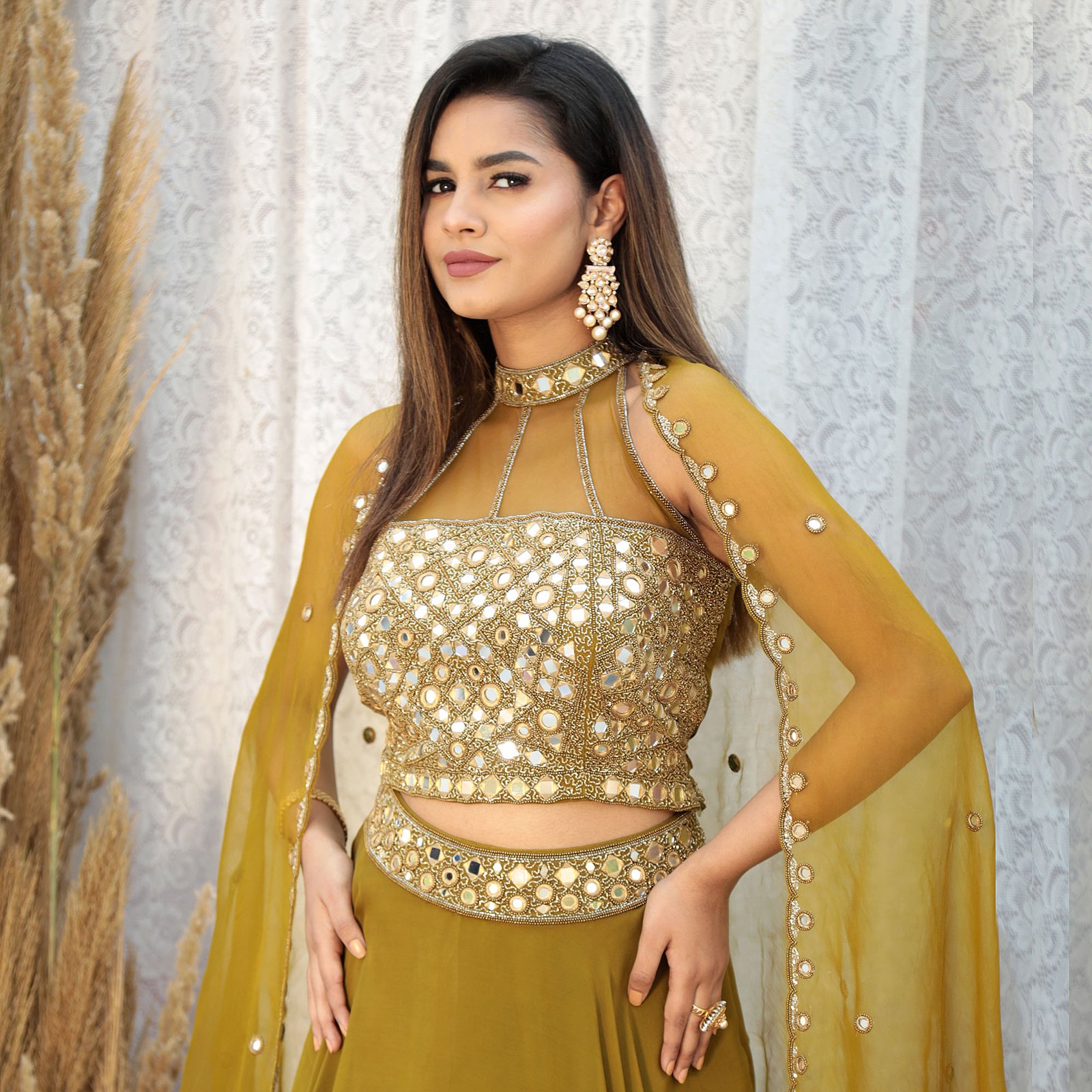 Halter Neck Blouse with Mirror hand embroidery & a layered organza skirt with cancan & mirror embroidred scalloped dupatta. - Image 4